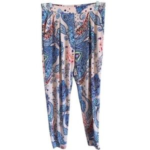 Express Women's Pink & Blue Paisley‎ Print Pleated Loose Pull On Ankle Pants MD